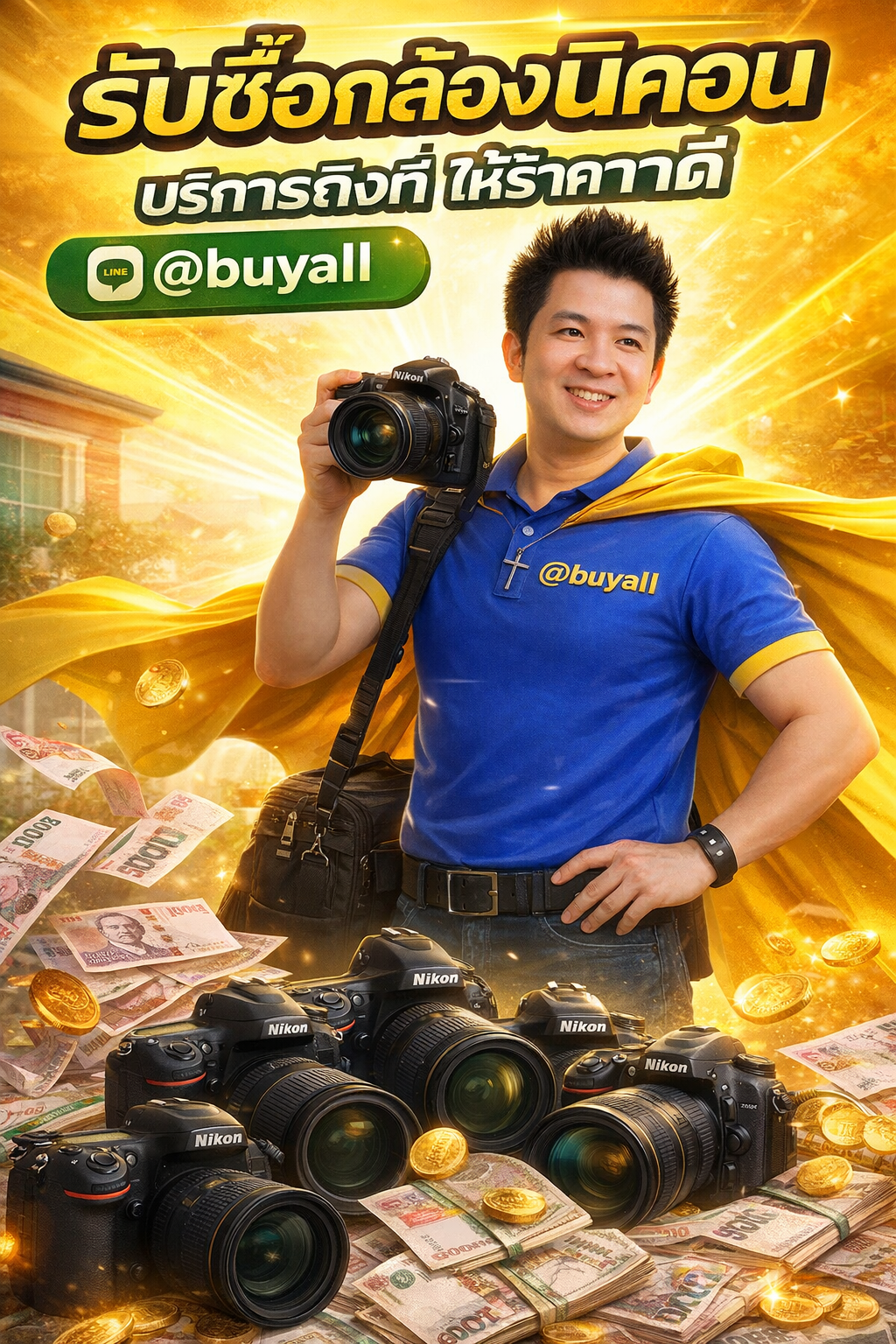 ภาพประชาสัมพันธ์บริการรับซื้อกล้องนิคอน พร้อม Line @buyall และข้อมูลติดต่อ