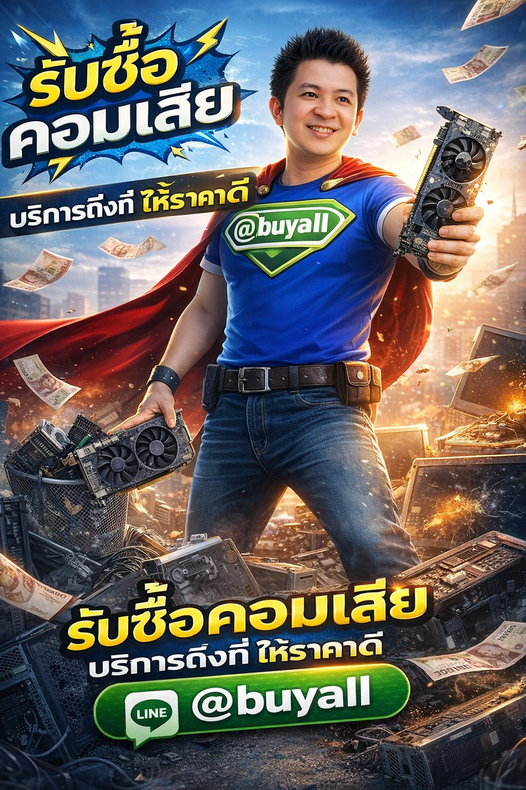 ภาพประชาสัมพันธ์รับซื้อคอมเสีย พร้อม Line @buyall และเบอร์ติดต่อ 091-1206831