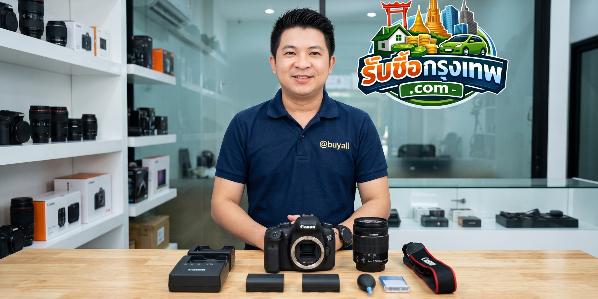 การตรวจสอบสภาพกล้อง Canon พร้อมแบตเตอรี่และแท่นชาร์จแท้บนโต๊ะทำงาน