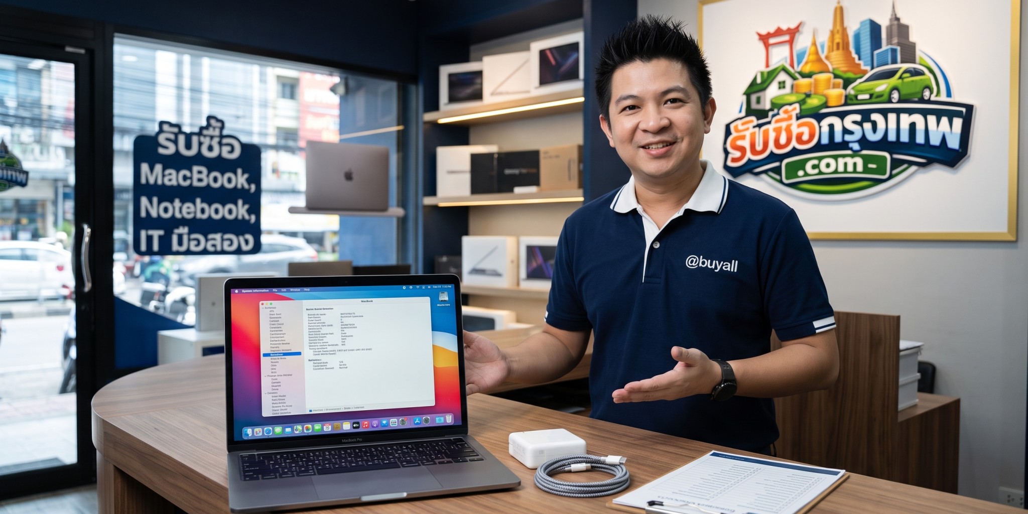 การตรวจเช็กสเปกและรอบชาร์จแบตเตอรี่ MacBook พร้อมอุปกรณ์ชาร์จบนโต๊ะทำงาน