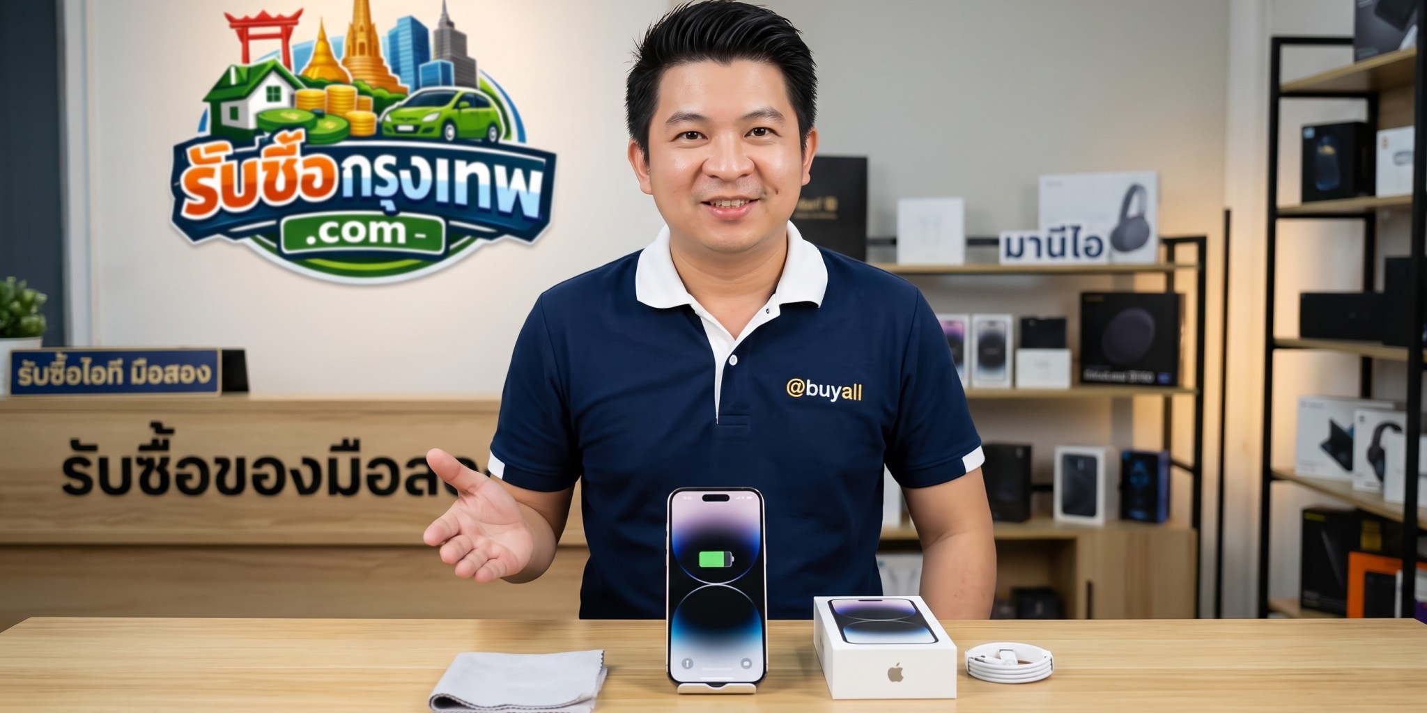 การตรวจสอบตัวเครื่อง iPhone พร้อมกล่องอุปกรณ์เดิมและสายชาร์จเพื่อเตรียมส่งต่อ