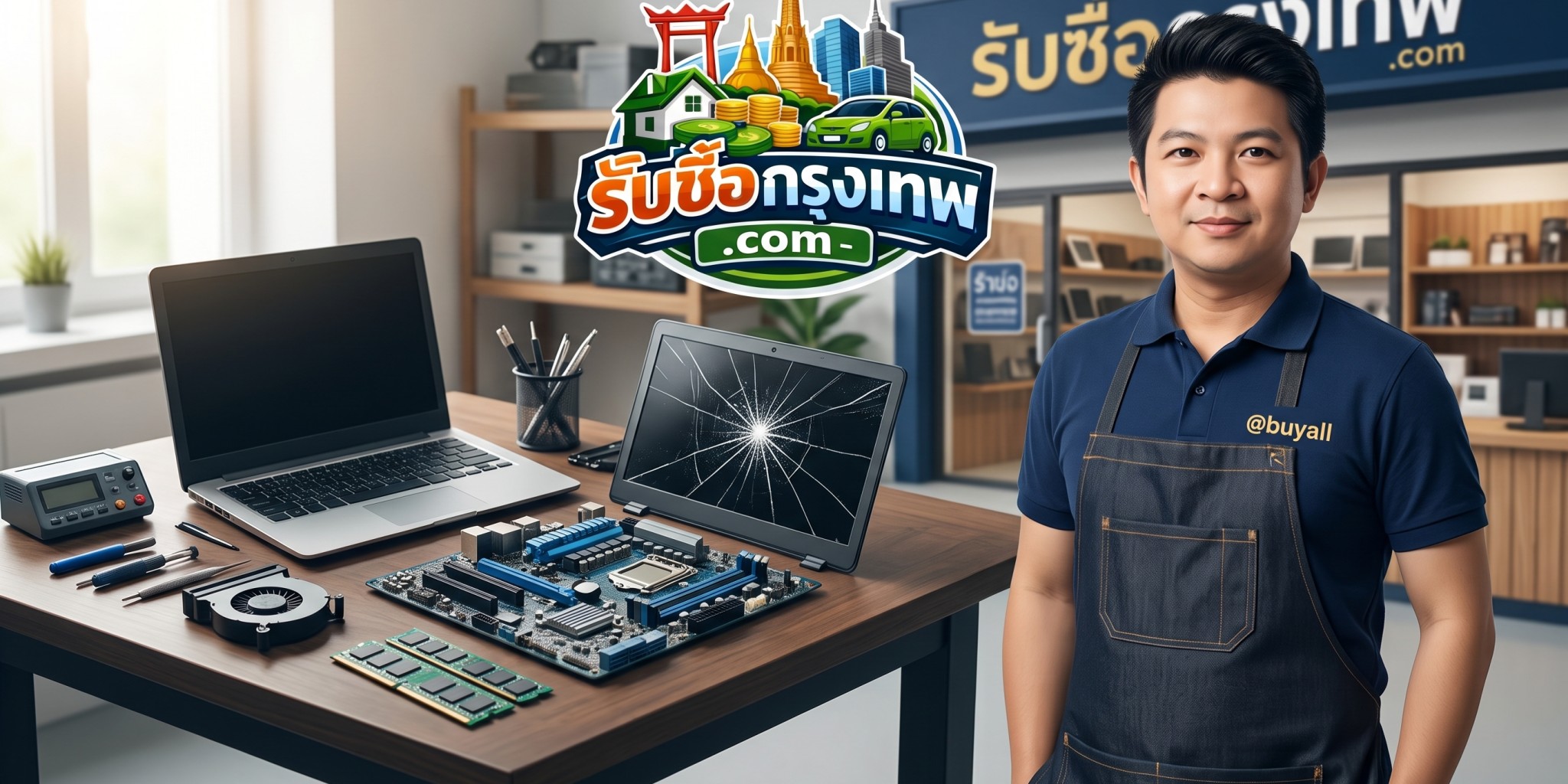 การตรวจเช็กและประเมินราคาซากโน๊ตบุ๊คเครื่องเปิดไม่ติดและจอแตกบนโต๊ะช่าง