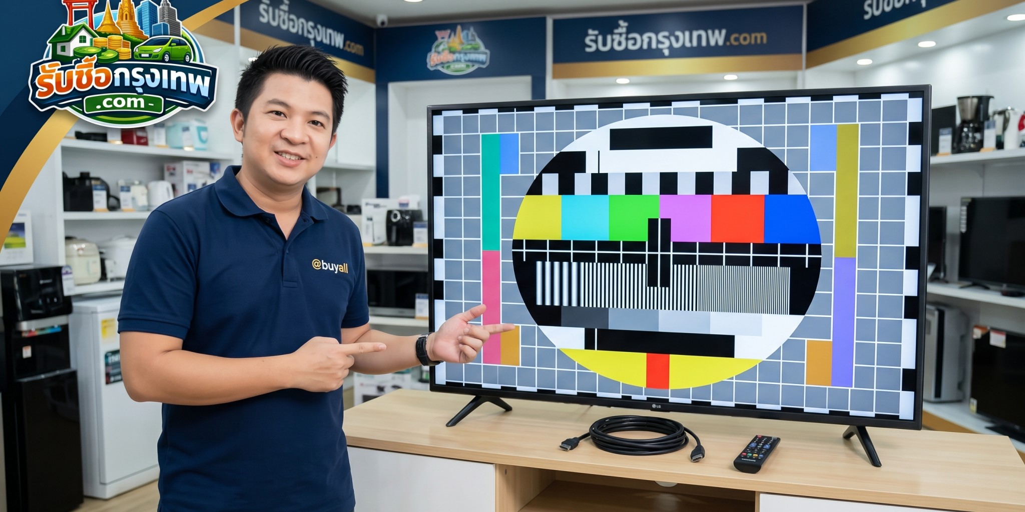 การตรวจเช็กสภาพหน้าจอสมาร์ตทีวีและอุปกรณ์เชื่อมต่อสาย HDMI พร้อมรีโมตคอนโทรล