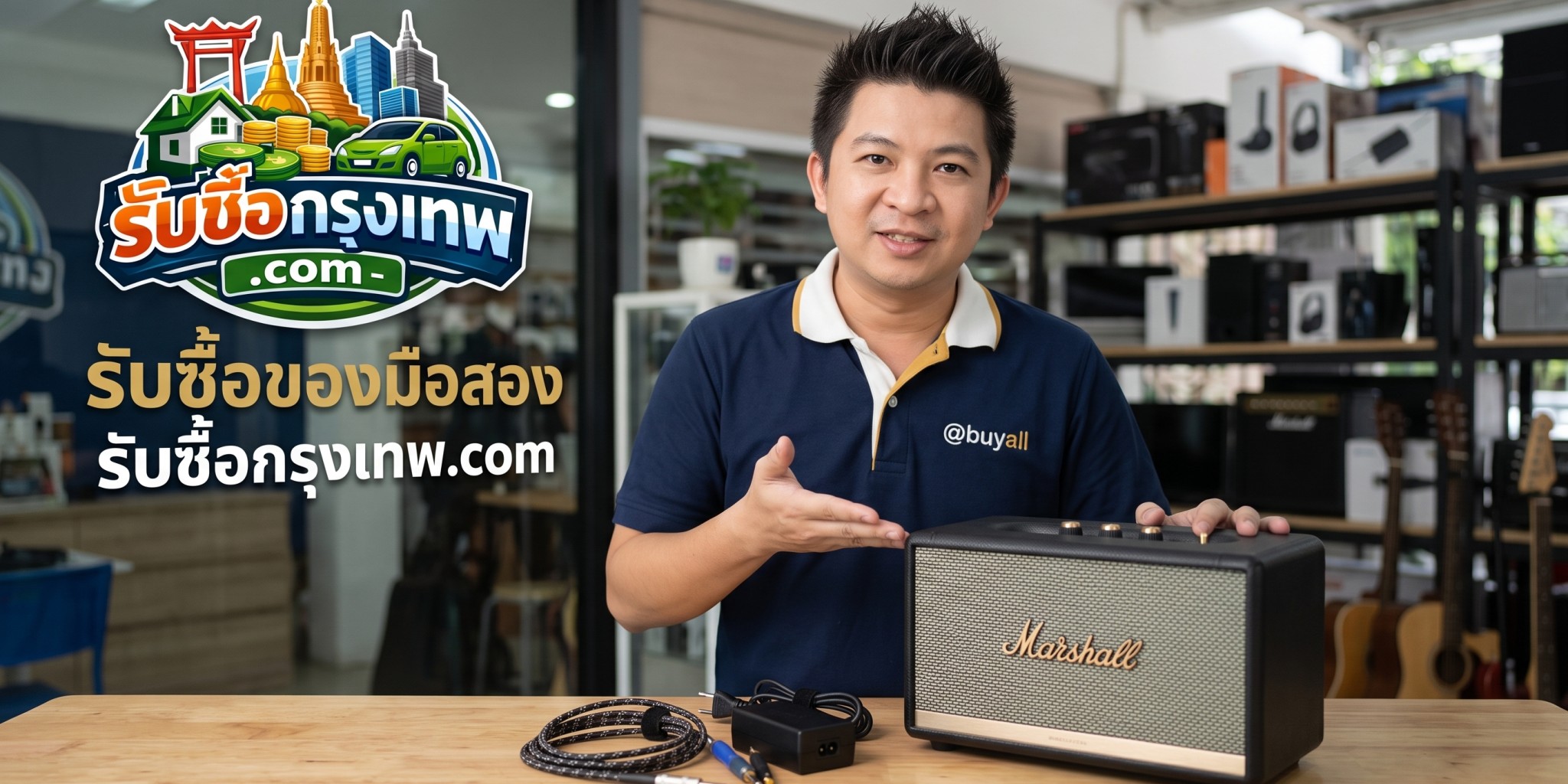 การตรวจสอบสภาพลำโพง Marshall พร้อมสายชาร์จและปุ่มควบคุมเพื่อเตรียมส่งประเมินราคา