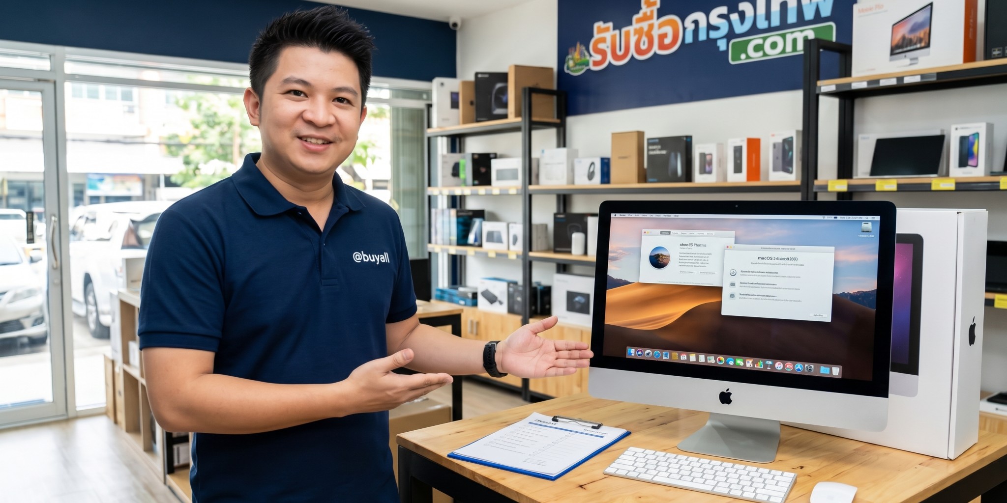 iMac บนโต๊ะทำงาน แสดงหน้าจอและอุปกรณ์เสริมเพื่อการตรวจสอบสภาพก่อนส่งต่อ