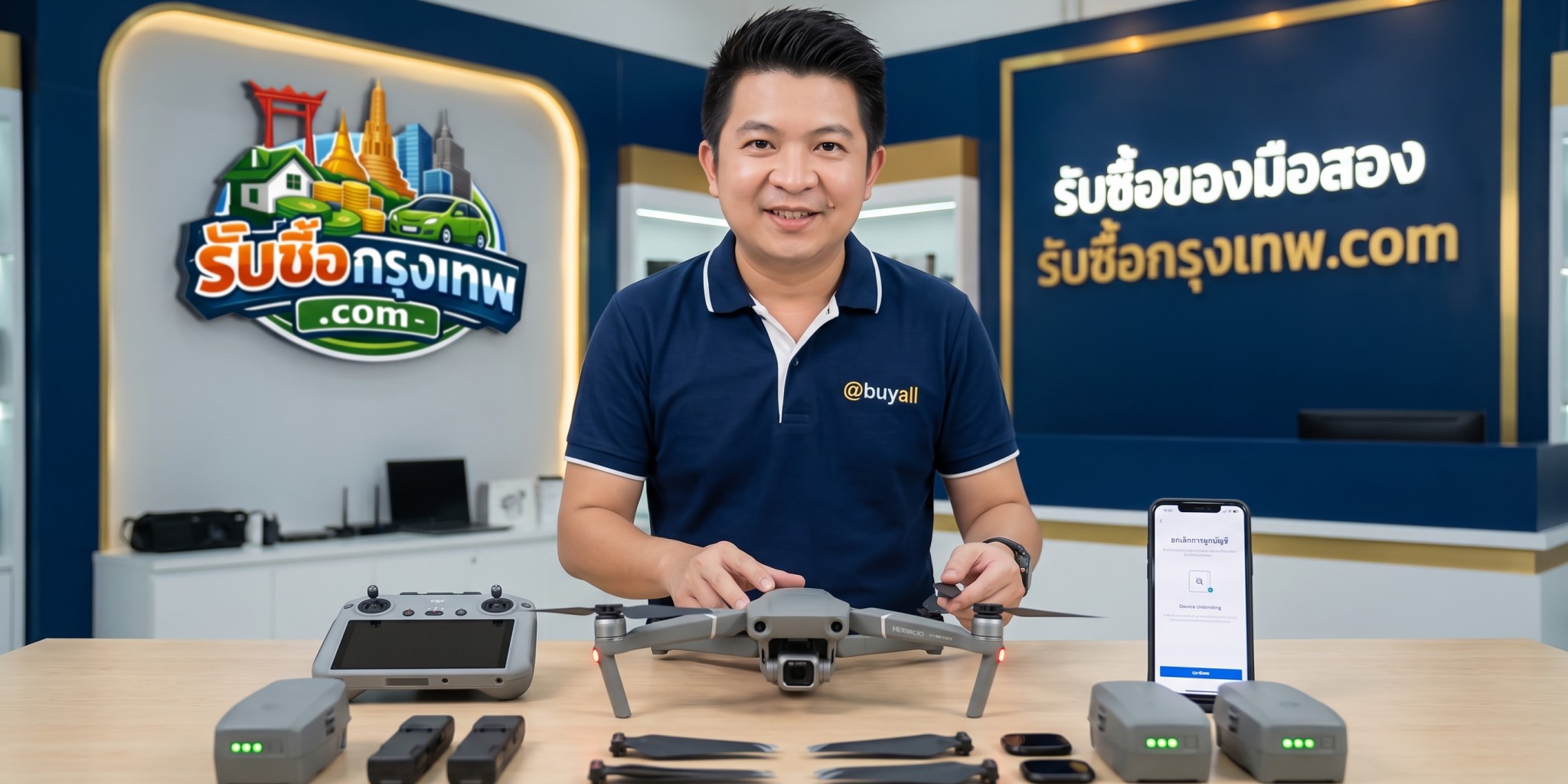 การตรวจเช็กสภาพโดรน แบตเตอรี่ ใบพัด และรีโมตคอนโทรลบนโต๊ะทำงานก่อนส่งประเมินราคา